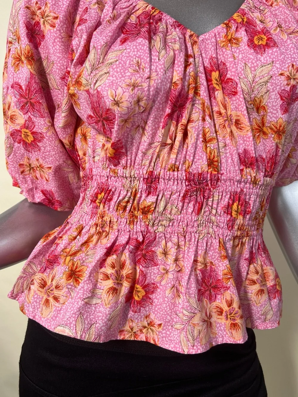 LOFT Pink Floral Puff Sleeve V Neck Blouse Smocked Waist Feminine SMALL PETITE